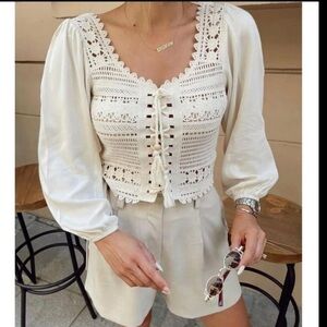 By- ESQ Knit Bird Eye Blouse White Lace Detail Women's Top